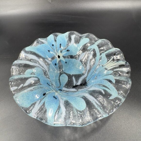 Sydenstricker Bowl Dish Fused Art Glass Ruffled Bowl Clear Blue Flowers Signed - Picture 15 of 15